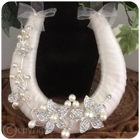 Handmade Ivory Ribbon Horseshoe with Diamante and Pearls
